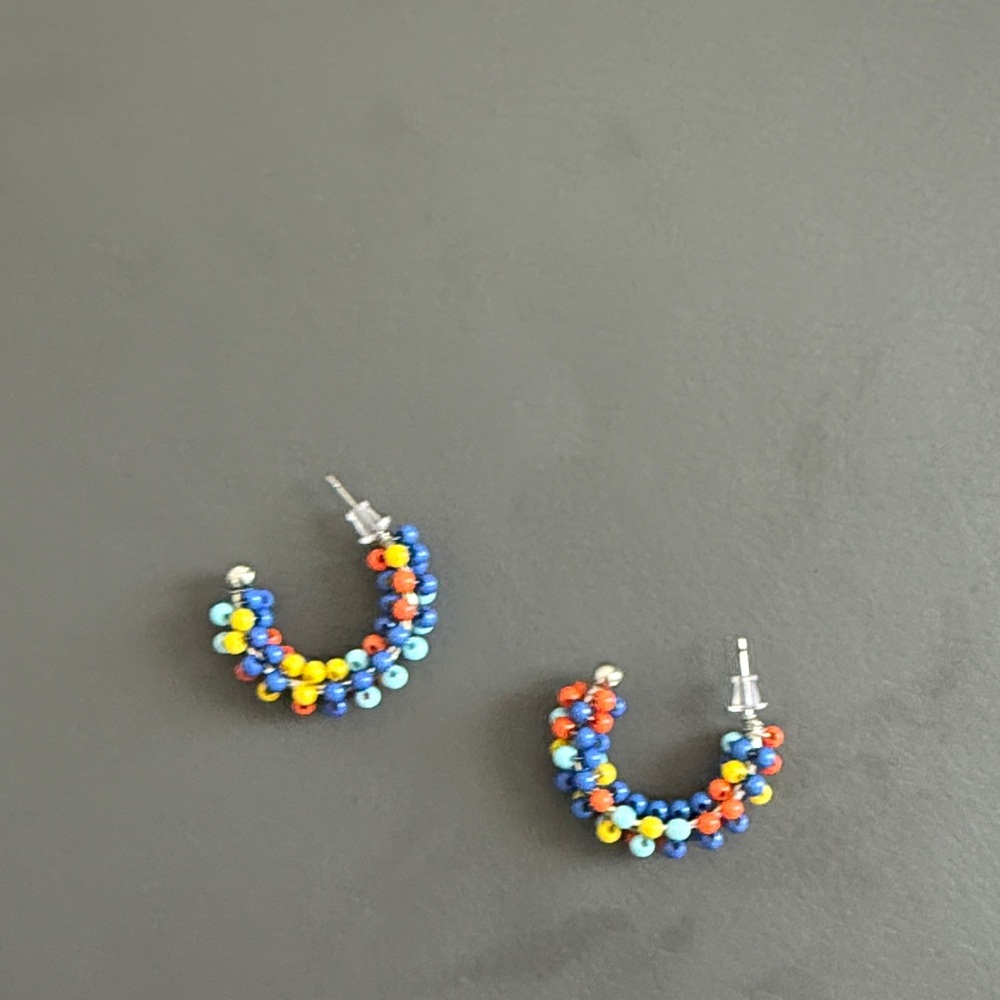 Multicolor Beaded Hoop Earrings - Vibrant Blue, Yellow & Red